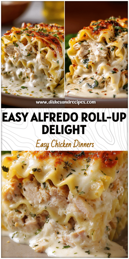White Chicken Alfredo Lasagna Roll Ups stacked on a plate with creamy sauce and herbs, perfect for Pasta Dinner Recipes